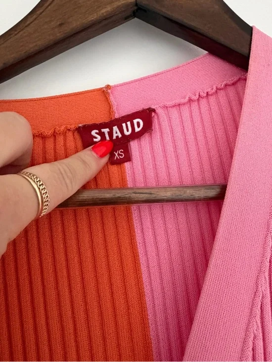 Staud Two-Tone Ribbed Long Dress in Pink & Orange size XS button down midi - Picture 2 of 4